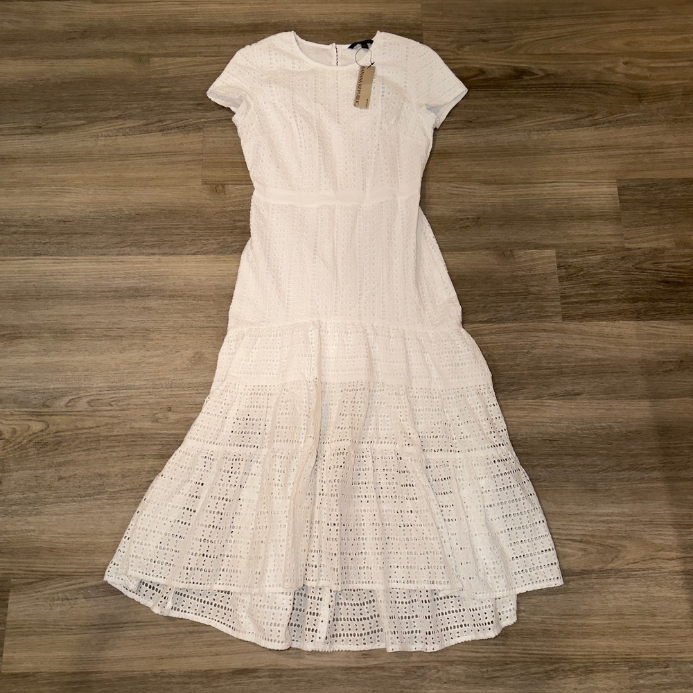 Banana Republic White Eyelet Midi Dress Petite 4 Short Sleeve Tiered Cotton NEW